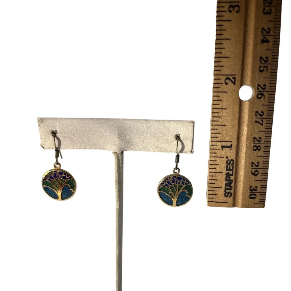 Vintage Cloisonne Enamel Gold Tone Tree of Life Pierced Dangle Earrings‎